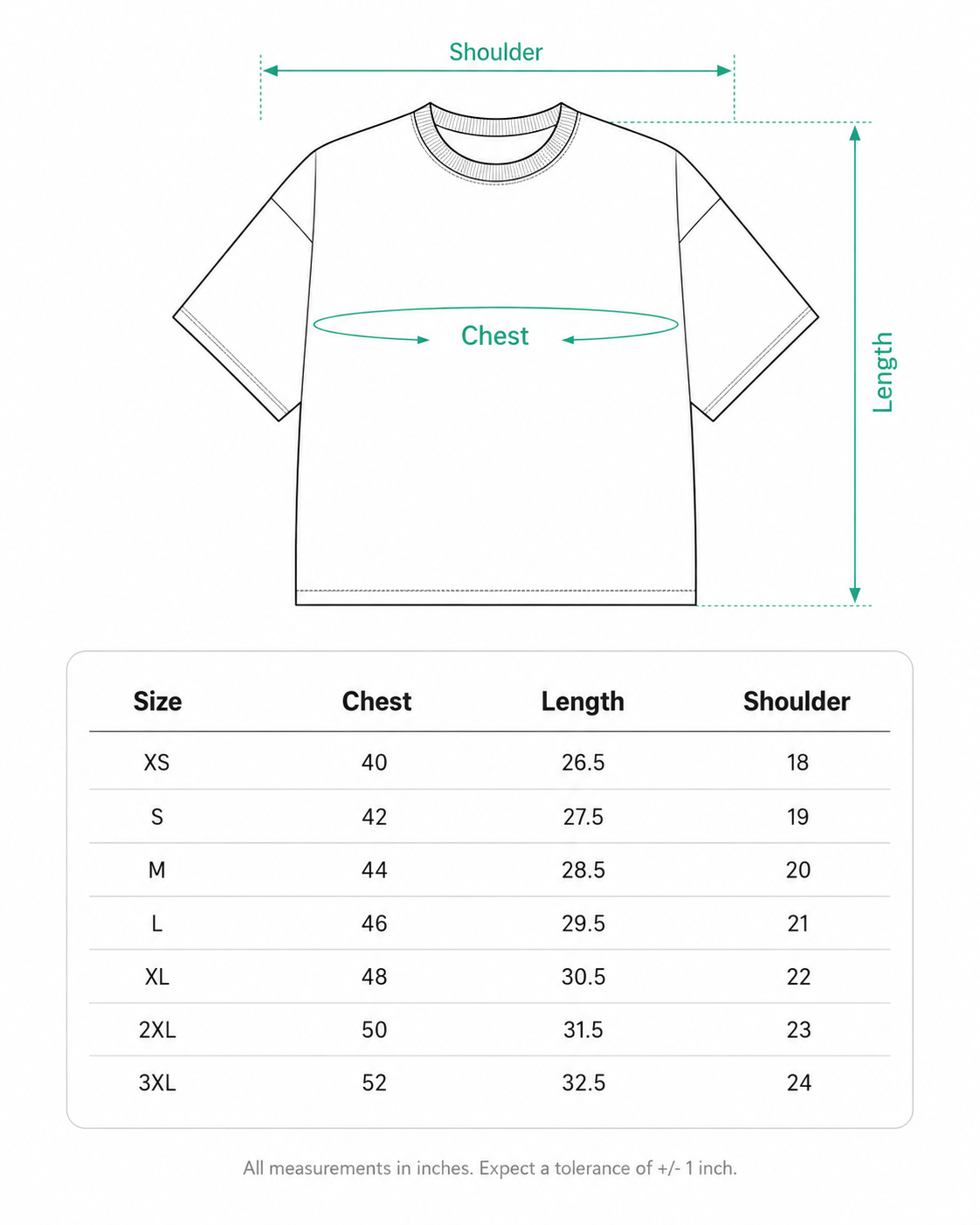 Unisex Oversized Classic T-Shirt size chart